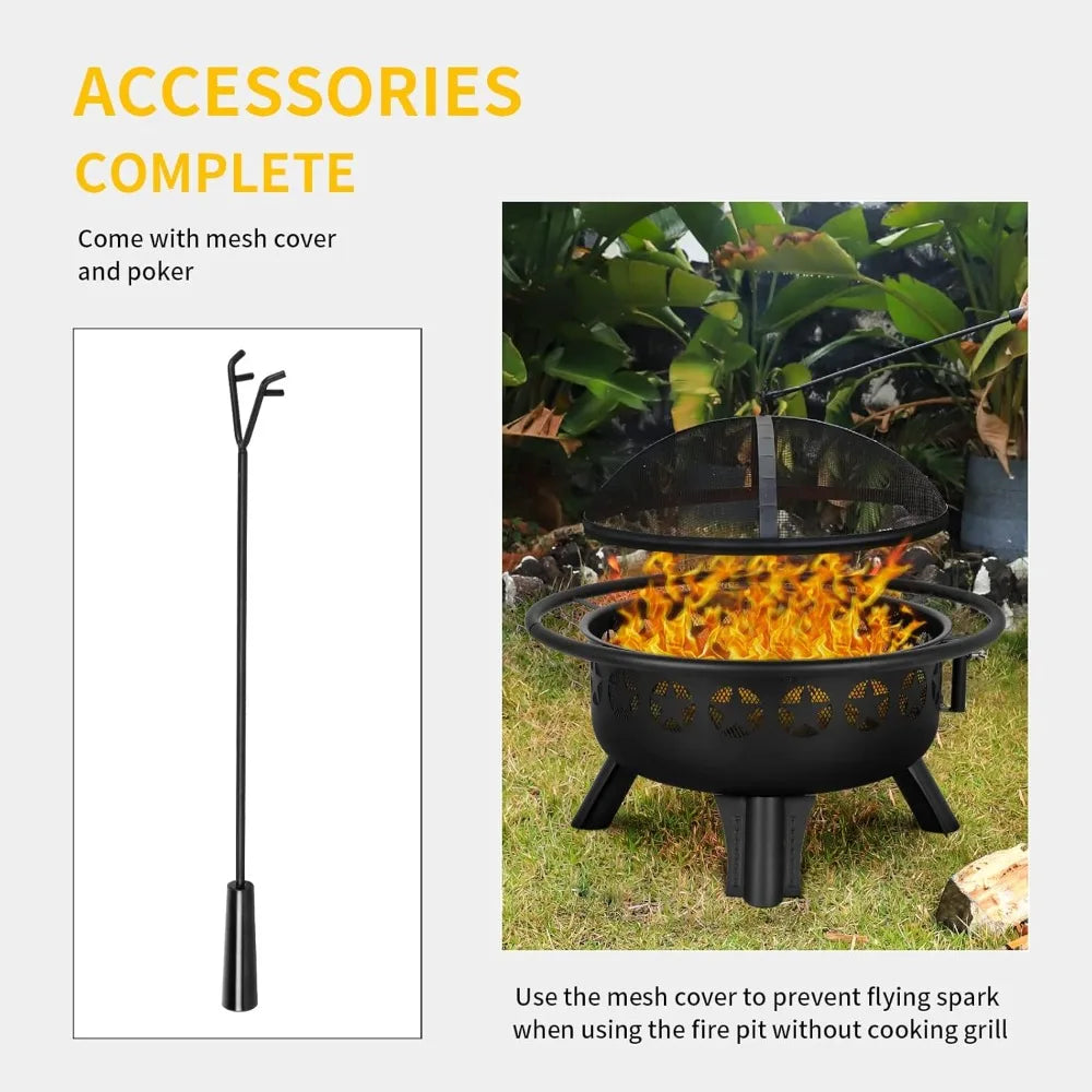 2 In 1 Fire Pit With Grill Swivel Cooking Grate Wood Burning Durable Powder Coated Alloy Steel For Backyard