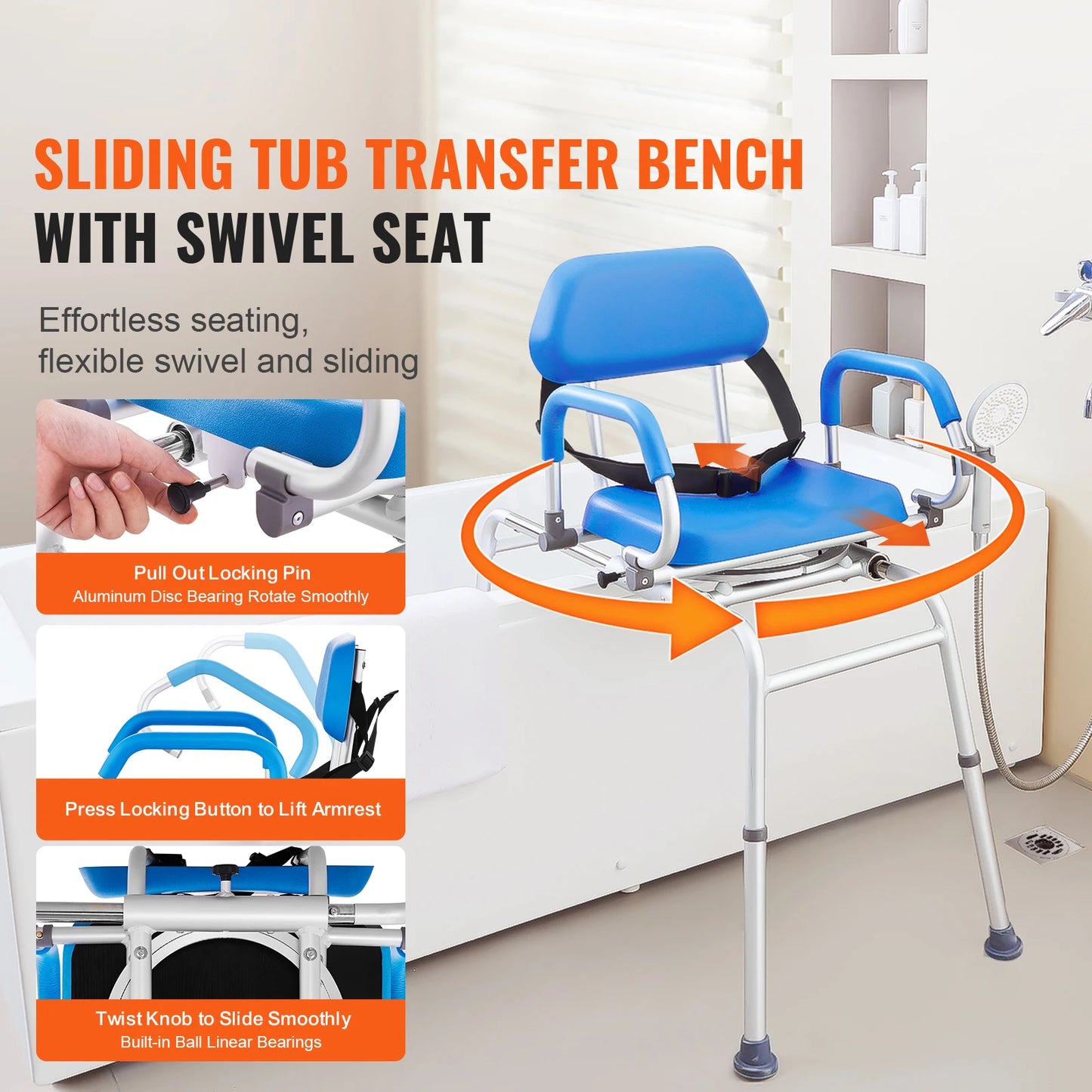 Sliding Tub Transfer Bench With 360 Degree Swivel Seat And Safety Belt