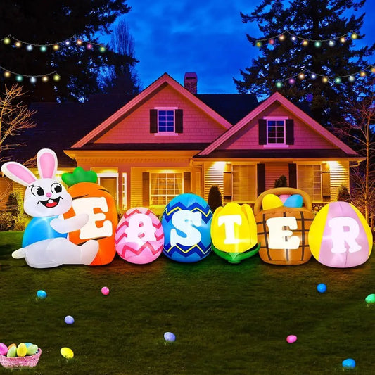 OLOEY Easter Inflatable Bunny Banner With Lights Outdoor Decor