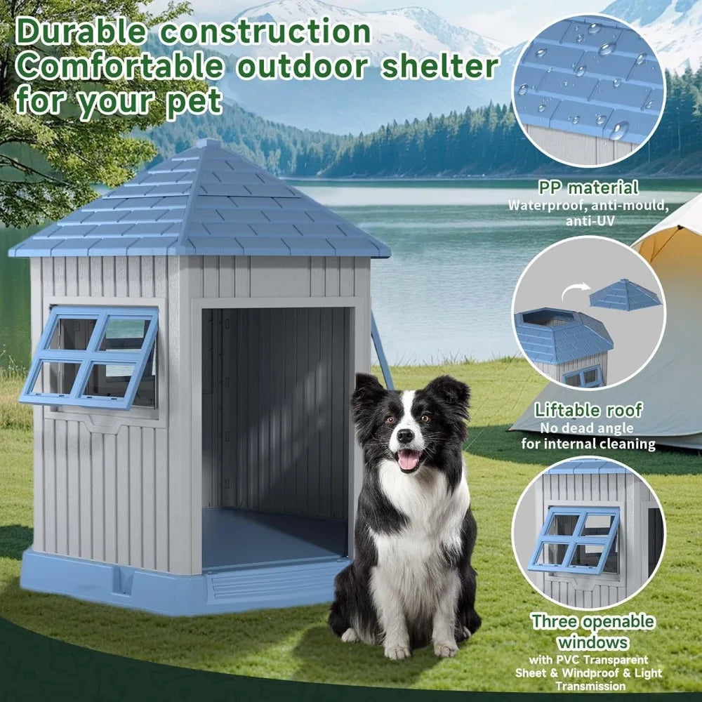 AllSeasonWeatherproof Outdoor Dog House Shelter With Reinforced Window Raised Floor