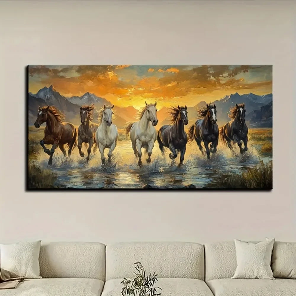 Feng Shui Seven Horses Canvas Wall Art With Pine Frame Waterproof Sunset Scene Decor