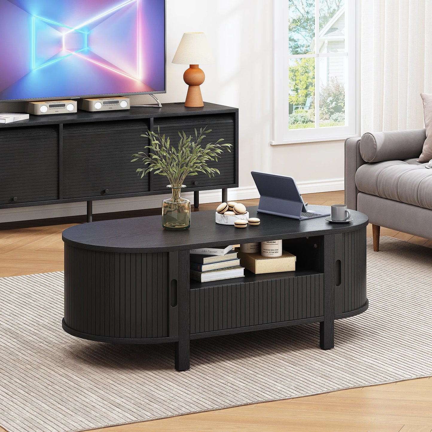 Oval Fluted Coffee Table With Cabinets And Sliding Doors Modern