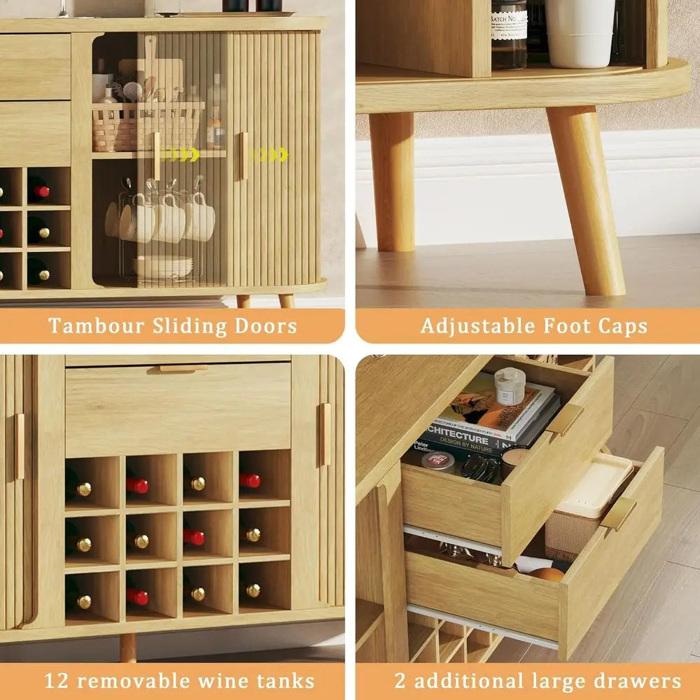 Mid Century Modern Buffet Cabinet With Wine Bar And Drawers
