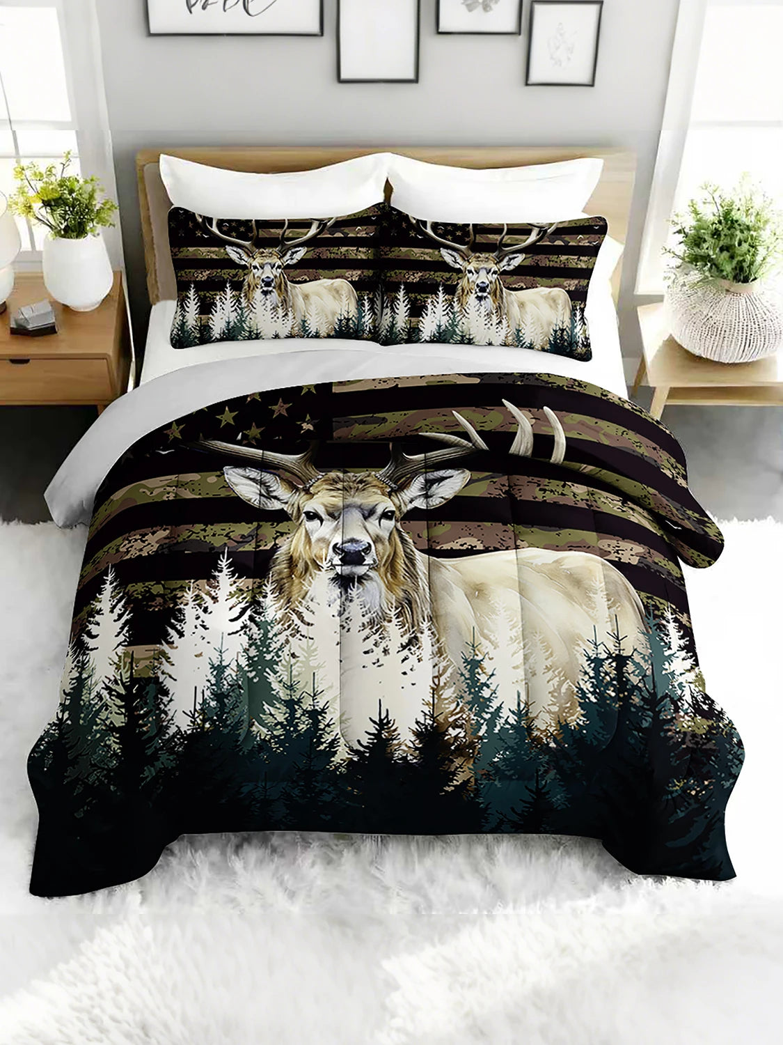 Deer Forest Camouflage Comforter Set With Pillowcases For Woodland Bedroom