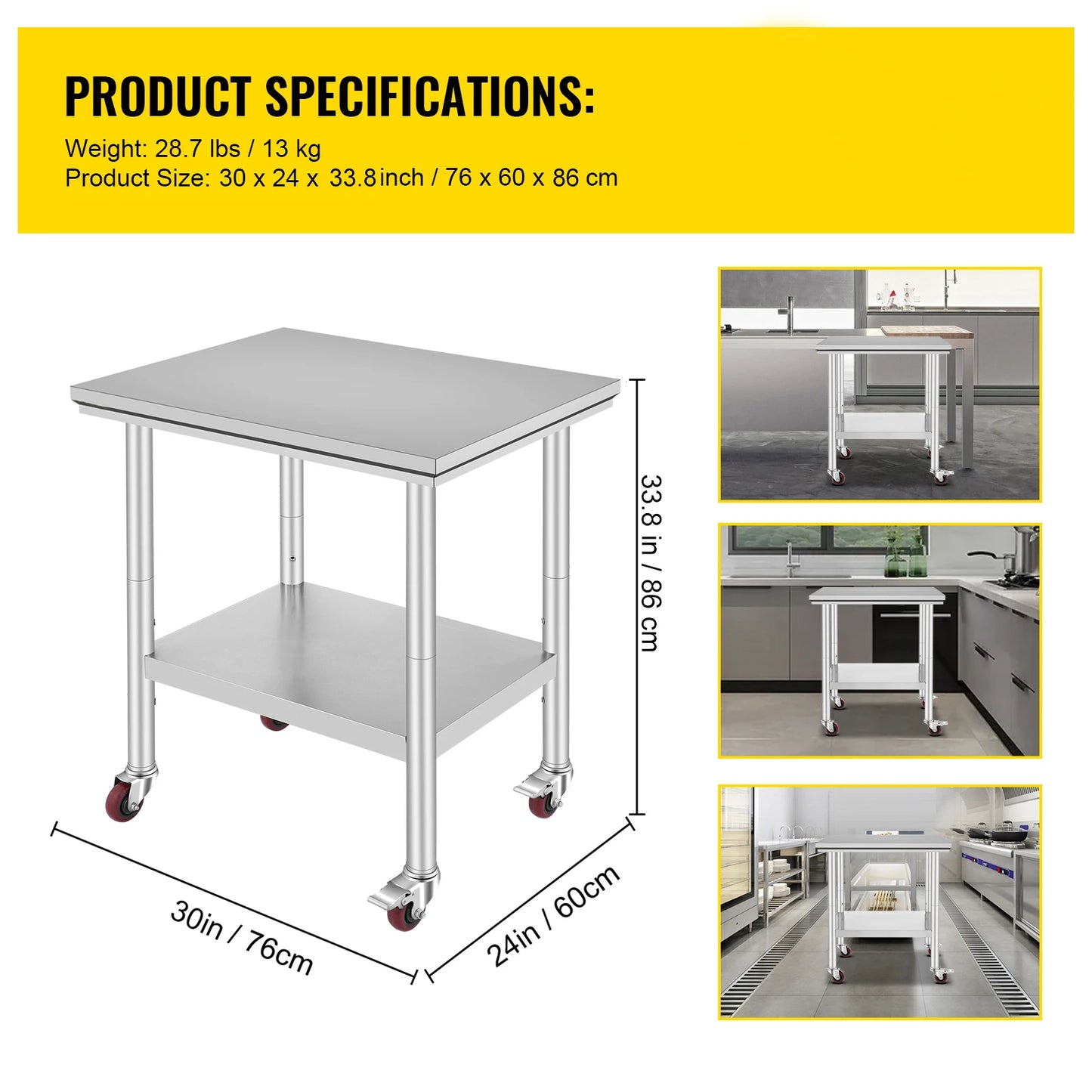SucceBuy Stainless Steel Kitchen Work Table With Caster Wheels