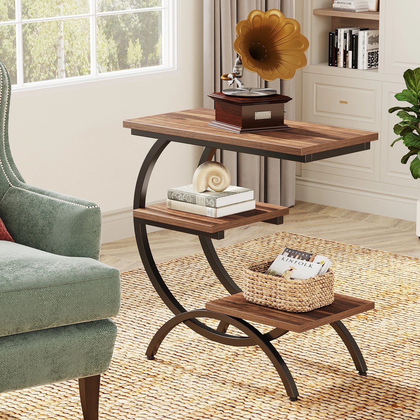 Tribesigns C Shaped End Table 3 Tier Industrial Sofa Side Table With Storage Shelves