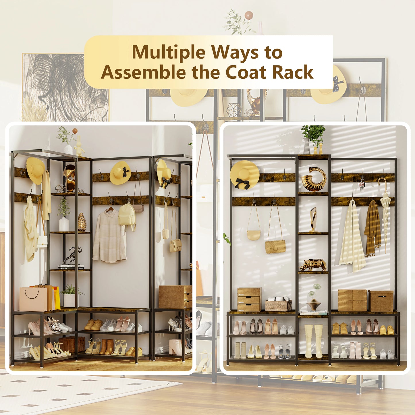 BINGOPAW Architectural-GradeIndustrial-Strength L-Shaped Corner Coat Rack With Freestanding Shelving