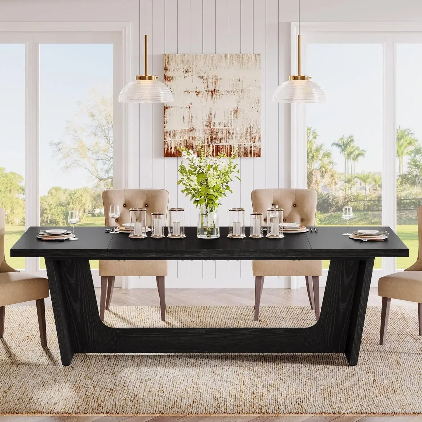 Wooden Farmhouse Dining Table With Sturdy Base