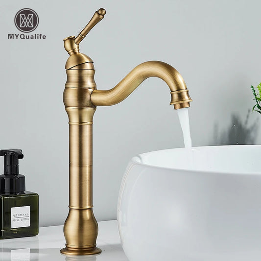 MYQualife Brass Deck Mounted Bathroom Basin Faucet Hot And Cold Mixer Tap