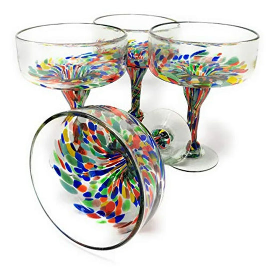 NONEDrinkware Mexican Hand Blown Glass Confetti Margarita Glasses Set Of Four For Parties