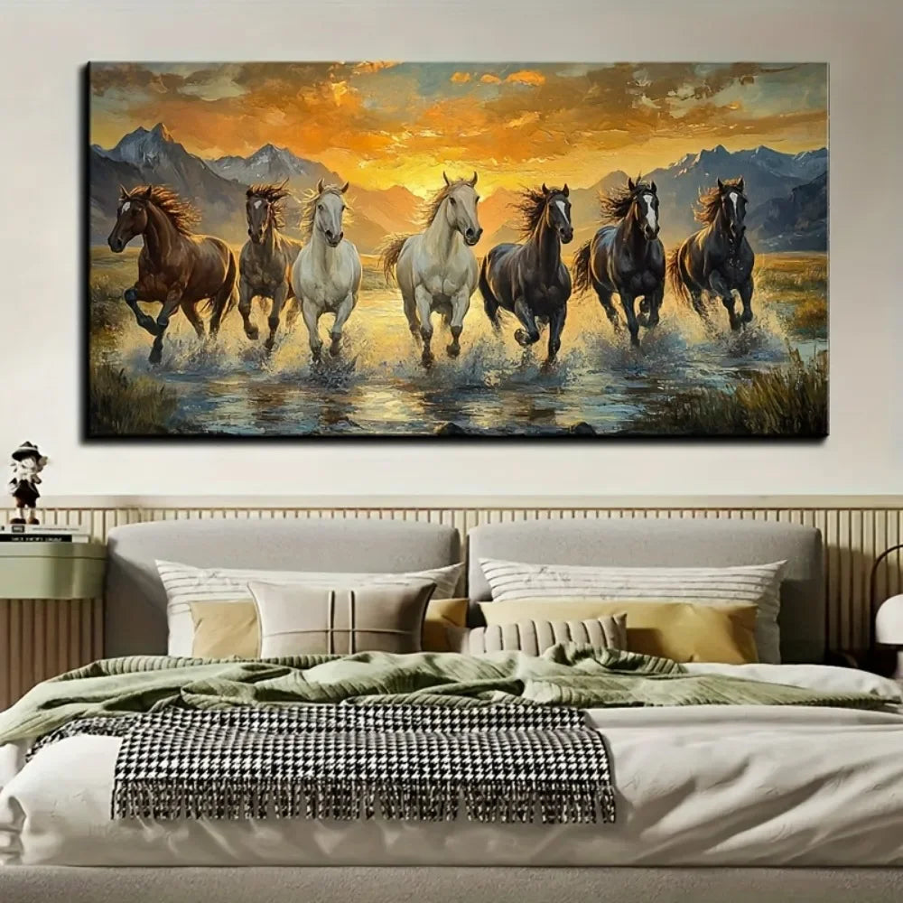 Feng Shui Seven Horses Canvas Wall Art With Pine Frame Waterproof Sunset Scene Decor