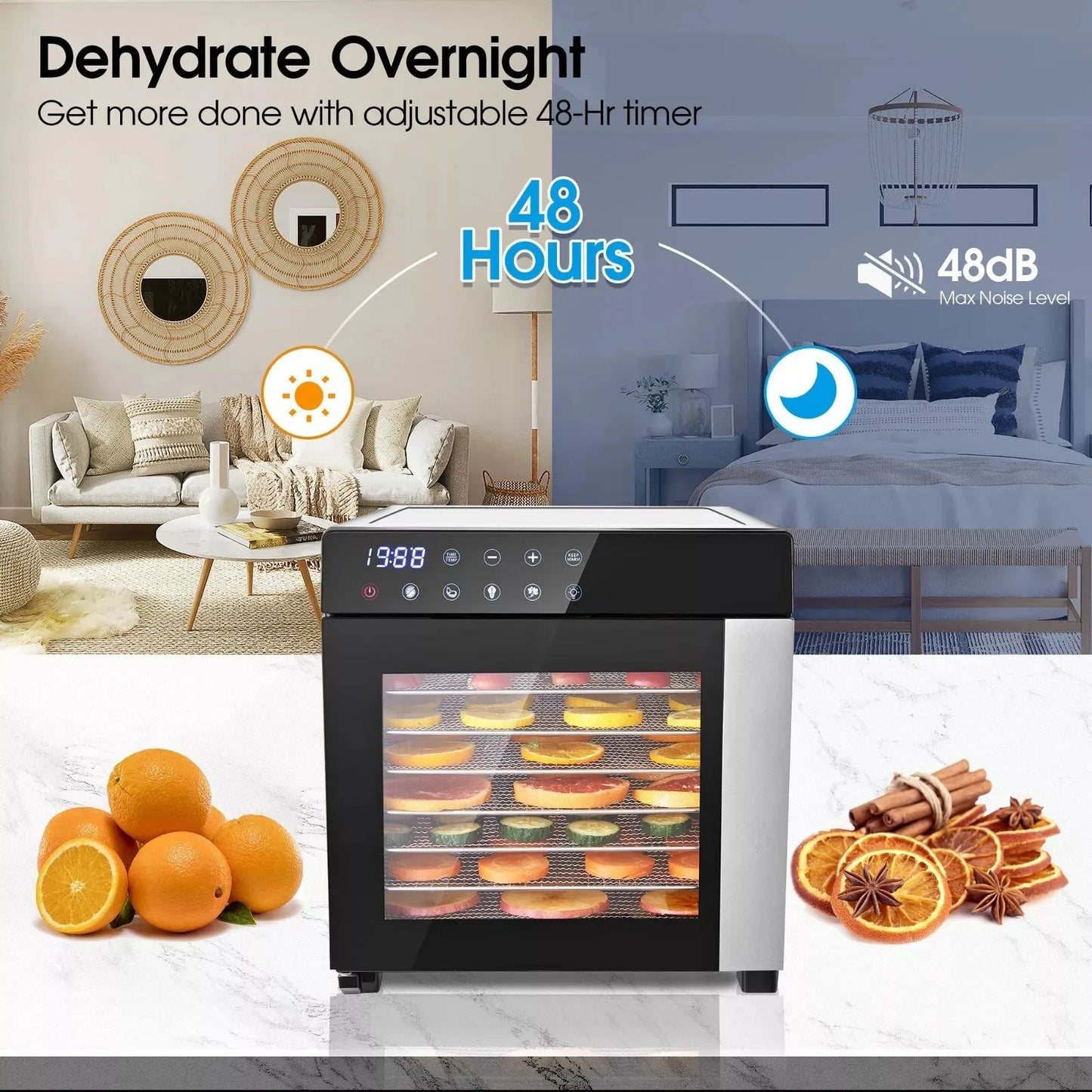 SNDOAS 8-Tray Stainless Steel Food Dehydrator 600W With Digital Timer