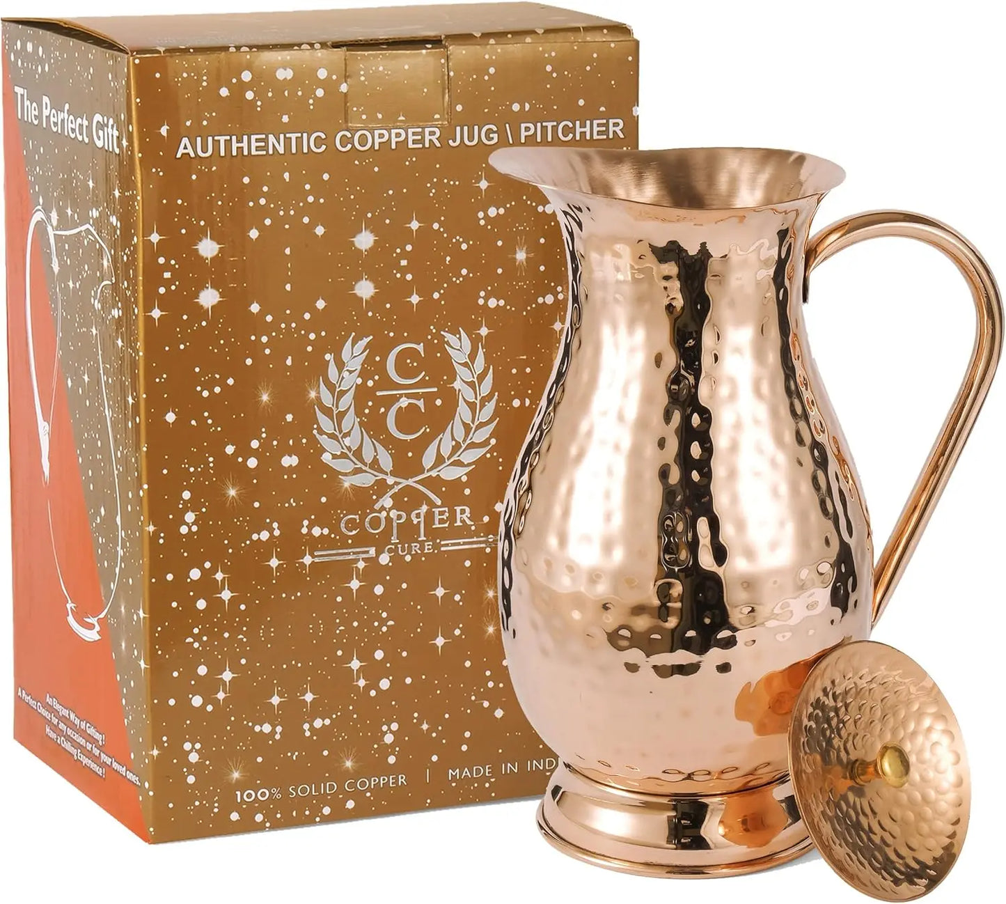 Pure Copper Pitcher With Lid Handcrafted Hammered Copper Jug