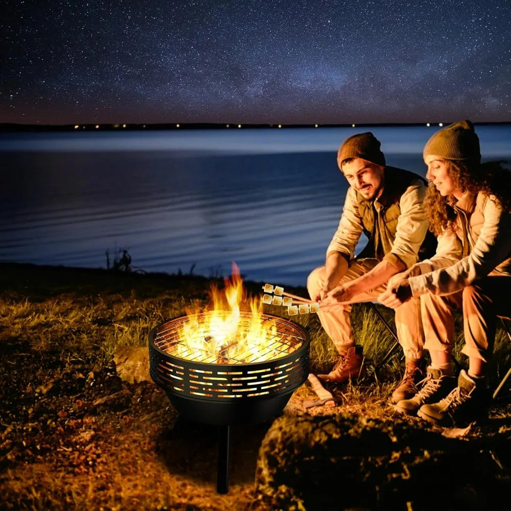 Wood-Burning Outdoor Fire Pit Heavy-Duty With Grill And Cover