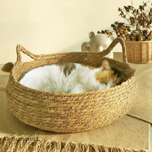 NONECN Cozy Winter Rattan Cat Nest Semi Enclosed Bed