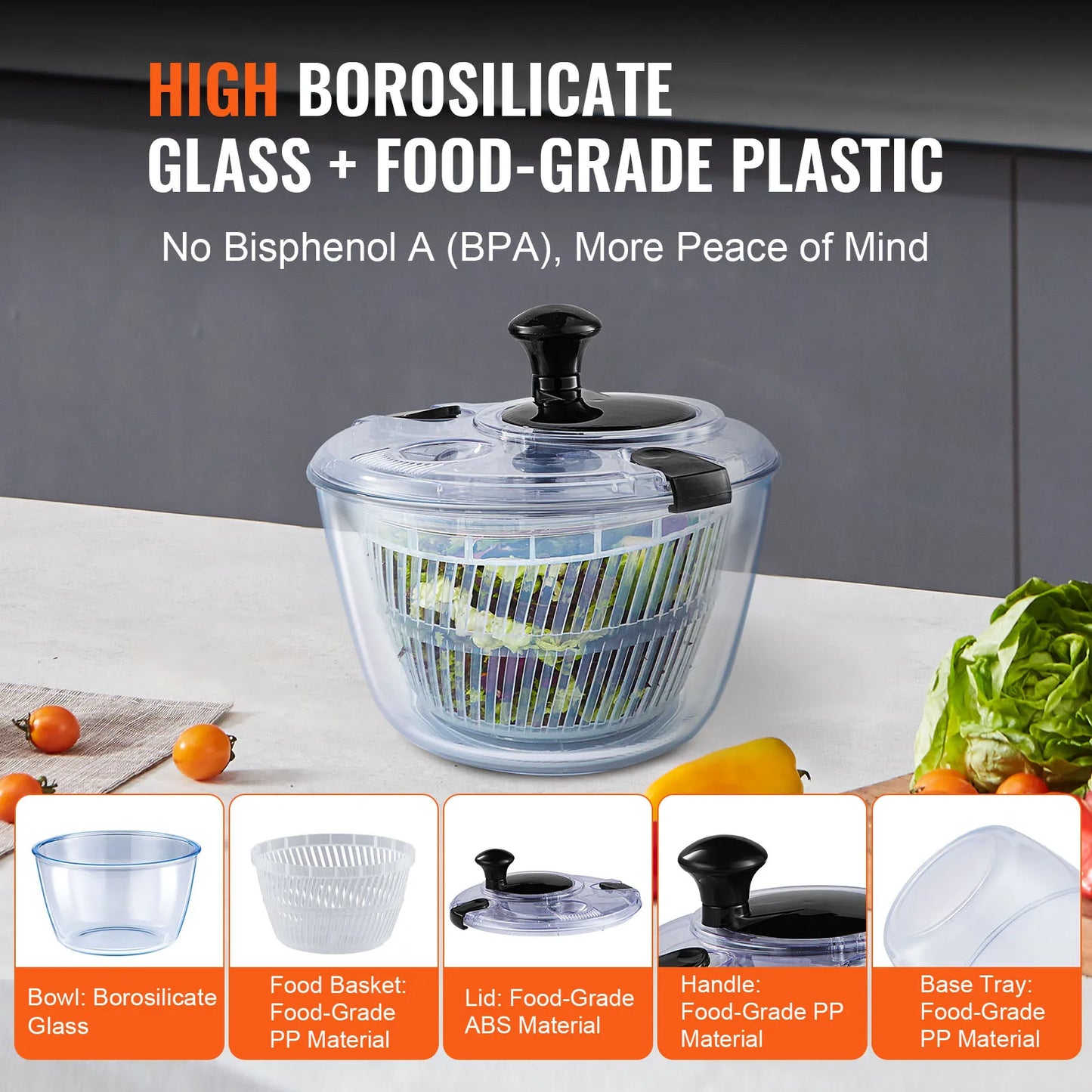 VEVOR Glass Salad Spinner One Handed Easy Press For Greens