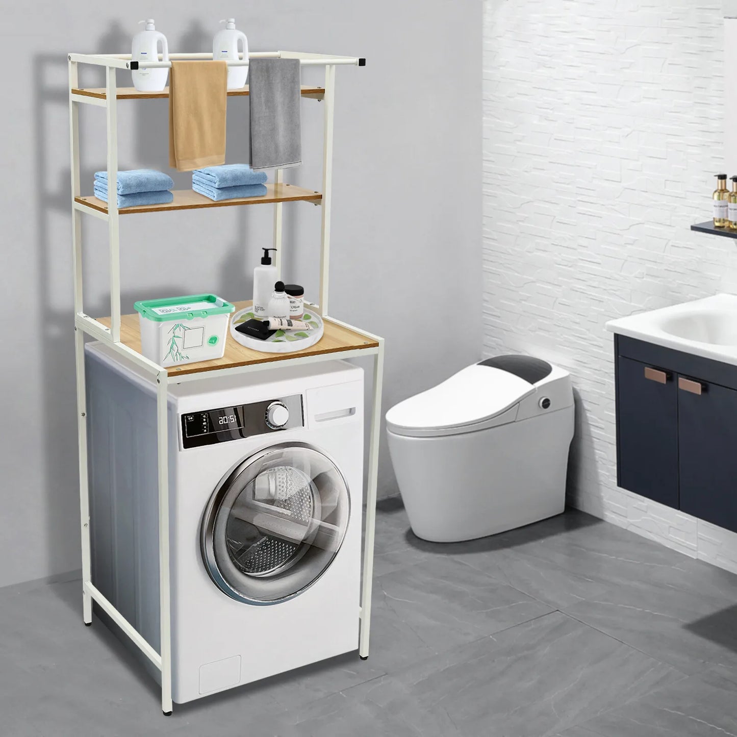 Triple Tier Washer And Dryer Storage Shelf For Bathroom With Hanging Rod