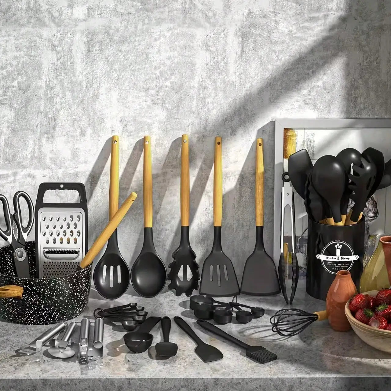 44 Piece Silicone Kitchen Utensil Set With Holder And Wood Handle