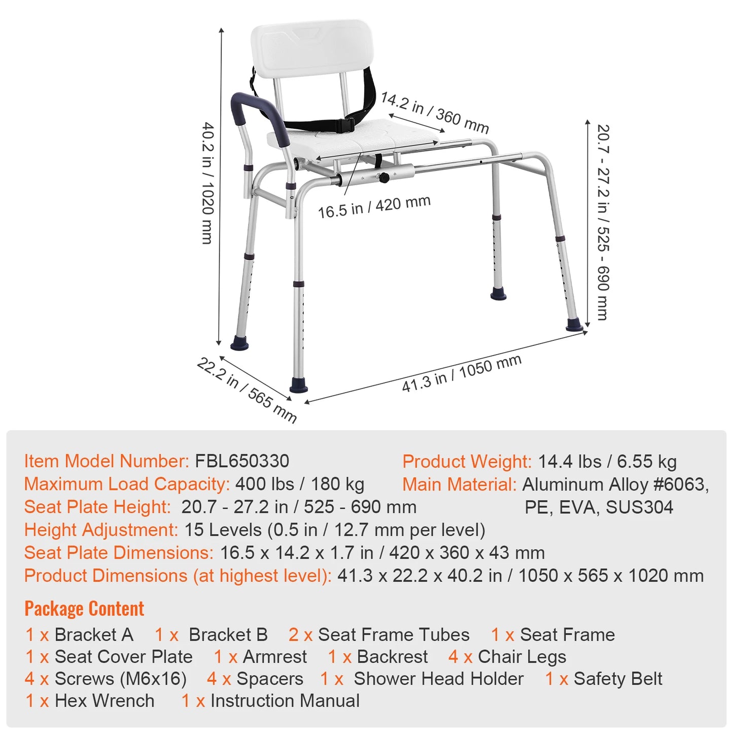 Sliding Tub Transfer Bench With 360 Degree Swivel Seat And Safety Belt