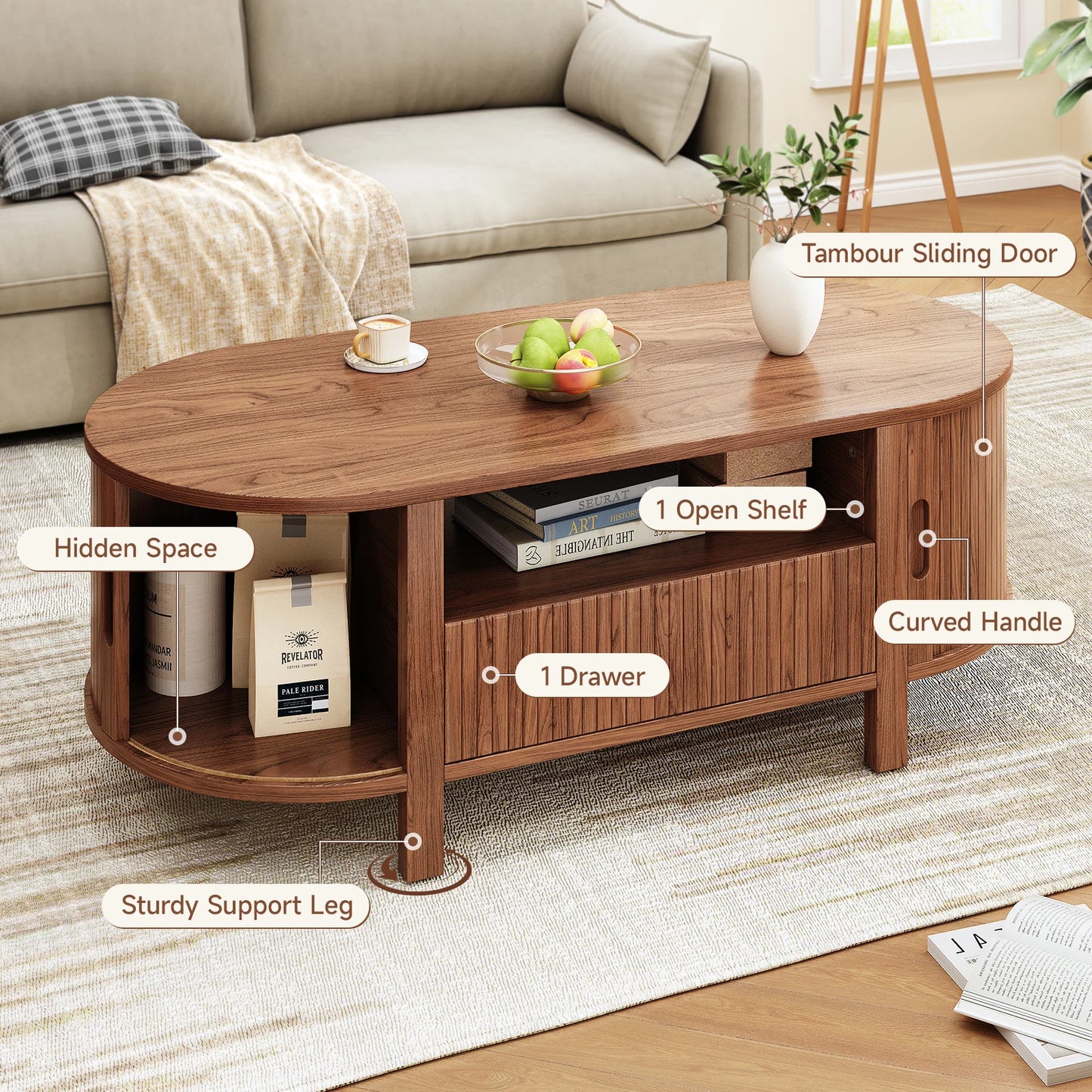 Oval Fluted Coffee Table With Cabinets And Sliding Doors Modern