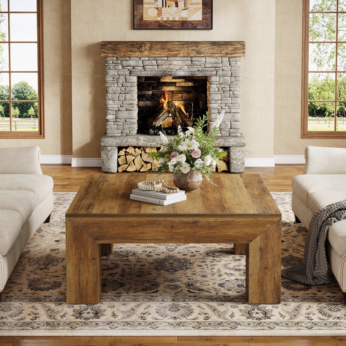 Tribesigns Farmhouse Square Coffee Table Sturdy Wooden Legs
