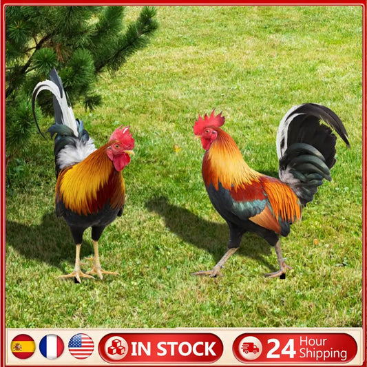2 Pack Chicken Fence Sculptures Garden Decor Rooster Statues