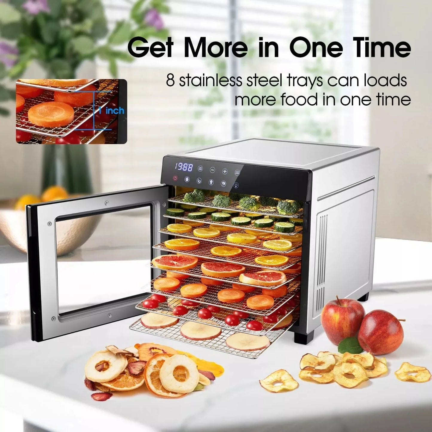 SNDOAS 8-Tray Stainless Steel Food Dehydrator 600W With Digital Timer