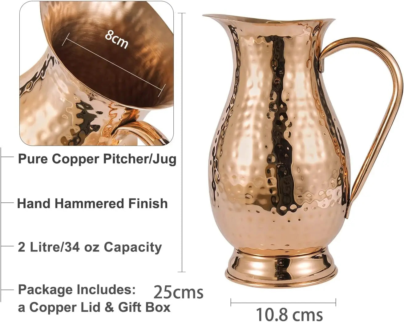 Pure Copper Pitcher With Lid Handcrafted Hammered Copper Jug