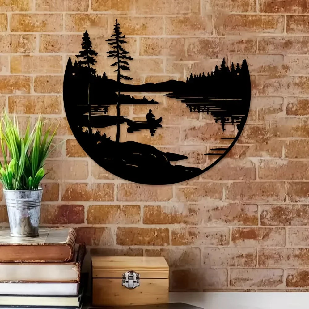 CIFBUY Round Metal Wall Art Bohemian Lake Mountain Silhouette Outdoor