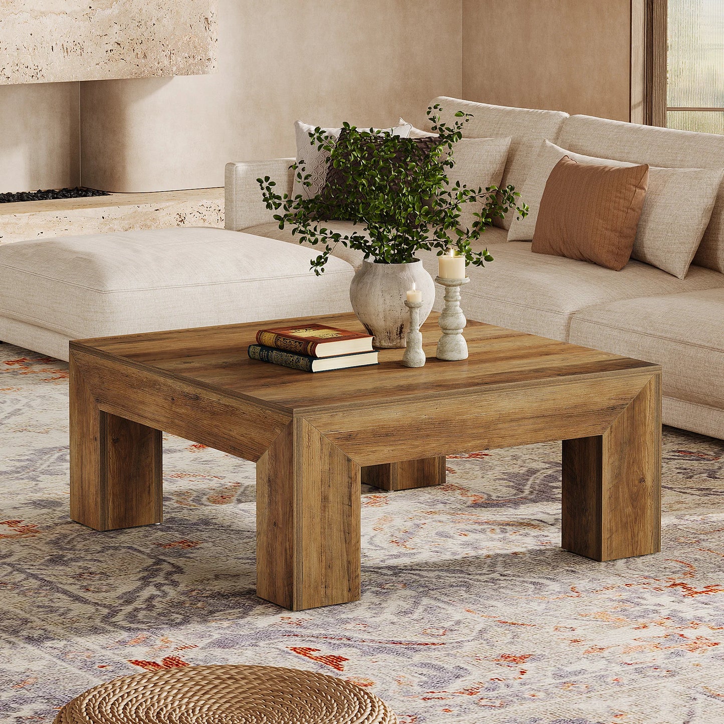 Tribesigns Farmhouse Square Coffee Table Sturdy Wooden Legs