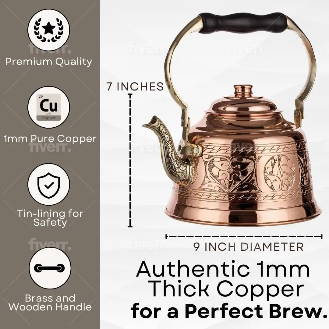 Handmade Solid Copper Teapot Tin Lined Stovetop Kettle