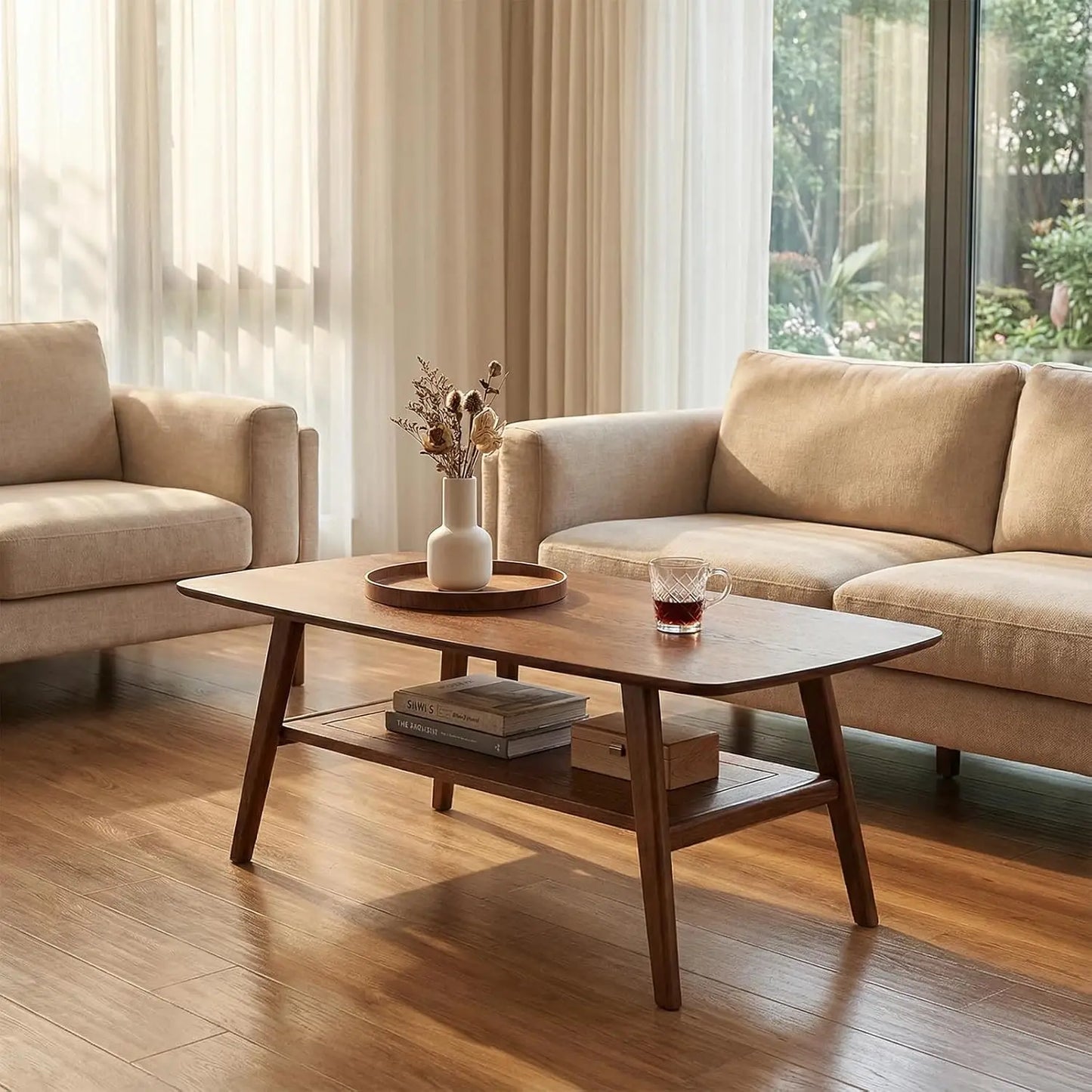 Mid Century Modern Solid Wood Coffee Table With Tier Storage