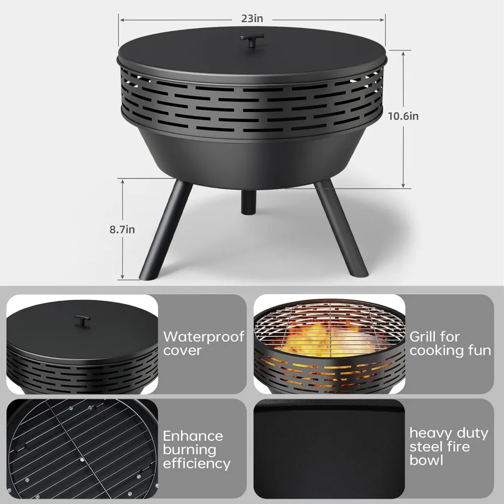 Wood-Burning Outdoor Fire Pit Heavy-Duty With Grill And Cover