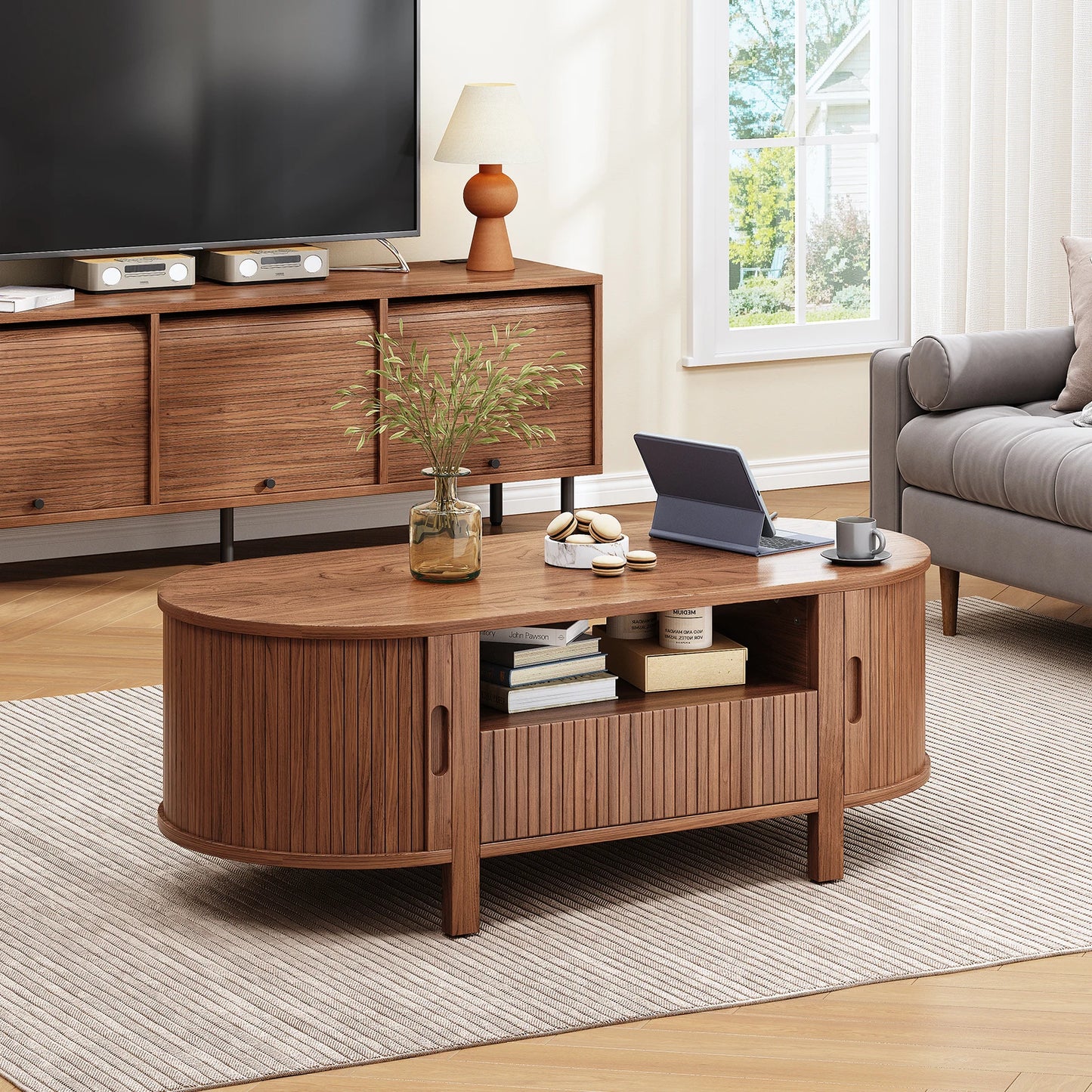 Oval Fluted Coffee Table With Cabinets And Sliding Doors Modern