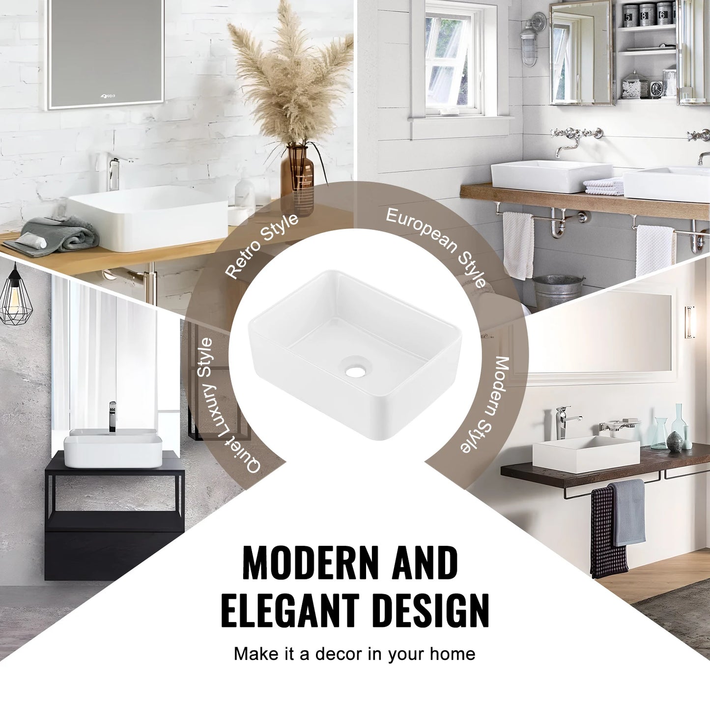 Rectangular Ceramic Vessel Sink For Above Counter Bathroom