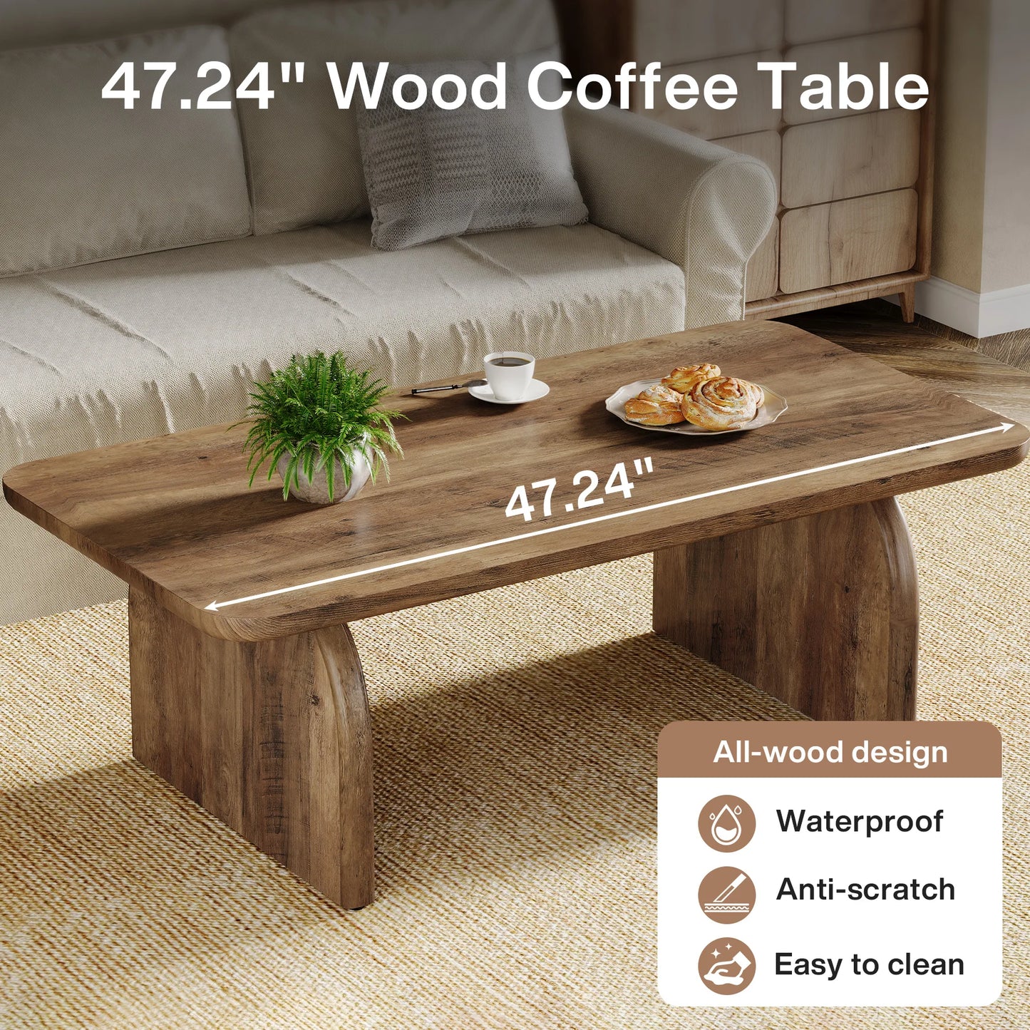 Tribesigns Farmhouse Rectangular Coffee Table With Sturdy Base